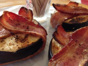 Eggplant Wrapped in Bacon -- right out of the oven