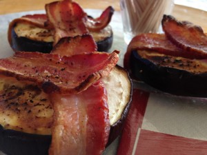 Eggplant Wrapped in Bacon -- right out of the oven - close up